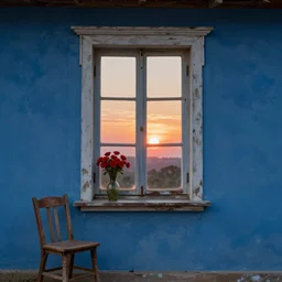 a old house window with a vase of red flowers with view to a sunrise, blue wall, a wooden chair near the window, concept art, octane render, unreal engine 5, trending on deviantart, highly detailed, high quality, hd, digital painting, masterpiece, geometric, symmetrical, low contrast, beautiful, serene landscape, path traced, high coherence, complementary colors, natural lighting