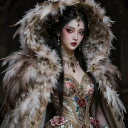 a beauty heaven goddess with prety face, wearing a feathered cloak and a fancy silk floral dress, ornate, ultra realistic, concept art, intricate details, eerie, highly detailed, photorealistic, octane render, 8 k, unreal engine. ruan jia, wlop. scifi, fantasy, intense colors, hyper detailed, octane render, concept art, by peter mohrbacher, by