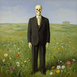 human skeleton in a suit looking at you at distance in beautiful meadow of flowers, detailed painting by rene magritte
