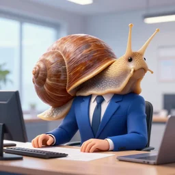 epic professional digital art of a snail in a blue professional business suit, sitting at a desk, best on artstation, cgsociety, wlop, Behance, pixiv, astonishing, impressive, outstanding, epic, cinematic, stunning, gorgeous, much detail, much wow, masterpiece