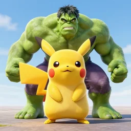 pikachu looking like hulk!, octane render, full shot!, by studio ghibli, pixar, disney.