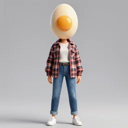 woman with a egg for a head wearing a flannel jacket and jeans, character design, digital art, stylised, 4 k