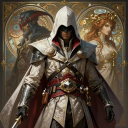 ecopunk rococo assassin's creed, deep focus, d & d, fantasy, intricate, elegant, highly detailed, digital painting, artstation, concept art, matte, sharp focus, illustration, hearthstone, legend of the cryptids, art by artgerm and greg rutkowski and alphonse mucha