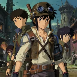 a full body portrait of a 1 9 6 0's dieselpunk adventurer, 1 9 6 0's anime style, finely detailed features, closeup at the faces, perfect art, at an ancient city, gapmoe yandere grimdark, trending on pixiv fanbox, painted by greg rutkowski makoto shinkai takashi takeuchi studio ghibli, akihiko yoshida,