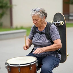 a babushka playing the drums with a skateboard strapped to her back