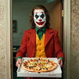 photo of jared leto standing in a doorway wearing clown makeup and costume delivering a pizza with fish head toppings