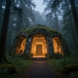 incredible wide shot of the interior of a neolithic temple in the forest, dusk, light fog