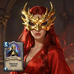 a woman in red, she wears a golden mask os dragon, epic fantasy digital art, fantasy style art, by Greg Rutkowski, fantasy hearthstone card art style