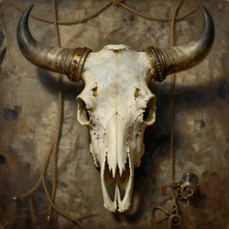 magic weathered steampunk symmetrical bull skull at the center, old fabric, ropes. painting by rembrandt and greg rutkowski c 1 4. 7
