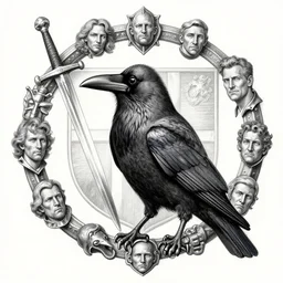 a crow, with a circle of metal features surrounding, sword and sheild background, pencil and ink, coat of arms, very detailed, jonathan pointer, janie penny, david finch,