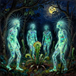 phosphorescent long needled human in a bush. a carnivorous plant. painting by mikalojus konstantinas ciurlionis, bosch, max ernst, agnes pelton, rene magritte