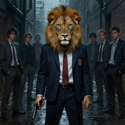 A digital painting of a stealthy teenage lion in a dark rainy alleyway wearing formal school uniform while holding a glock in his right hand, by Stanley Artgerm Lau, frank frazetta, Rossdraws, James Jean, gerald brom, Andrei Riabovitchev, Marc Simonetti, and Sakimichan, trending on artstation, cinematic lighting, SFW version