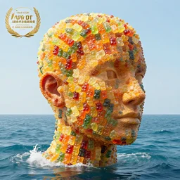 a human head sculpture made out of thousands of gummy bears on the surface of the ocean, giant sculpture, in the style of chad knight, long shot, hyper detailed, hyper realistic, ray tracing, 8 k resolution, sharp focus, realistic water, award winning