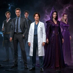 a female scientist wearing a lab coat and a sorceress wearing a sorceress's robe meet at a space between dimensions, made by stanley artgerm lau, wlop, rossdraws, artstation, cgsociety, concept art, cgsociety, octane render, trending on artstation, artstationhd, artstationhq, unreal engine, 4 k, 8 k,