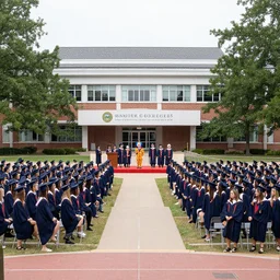 clown college graduation ceremony, wide angle distant shot