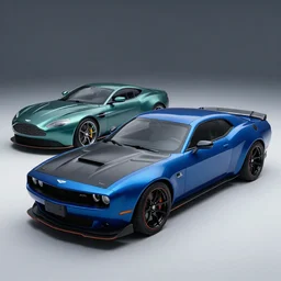 a muscle car based on nissan, aston martin and chevy sports car body styles, nissan sports cars, chevy sports cars, aston martin body style, blue and black paint, trending on artstation, unreal engine, studio lighting, hyper realistic, by jotaautomotive, nancorocks and khyzylsaleem