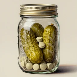a glass mason jar full of pickle pills, intricate, elegant, sharp focus, illustration, highly detailed, digital painting, concept art, matte, art by artgerm and ivan shishkin and andrey shishkin, masterpiece