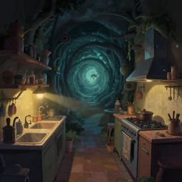 naive nerikomi, weird perspective, extra narrow, detailed illustration of a kitchen dim lit by flashlight in a scenic spiral environment by greg rutkowski from lorax movie, trending artstation, true color
