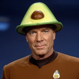 patrick stewart, as captain jean - luc picard of the starship enterprise, avocado hat