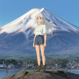 a beautiful blond silver hair young woman standing on top of mount fuji in the style of Studio Ghibli and Makoto Shinkai