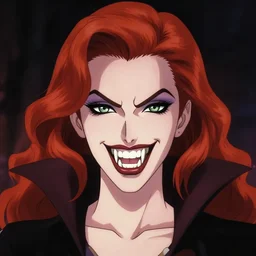 style of osamu tezuka : : gorgeous vampire amy adams : : sharp teeth fangs, open mouth sneer : : symmetrical face, symmetrical eyes : : gorgeous red hair : : magic lighting, low spacial lighting : :