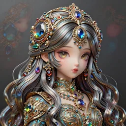 intricate, richly detailed colored 3 d illustration of a beautiful ornated cute woman with long metallic gem hair background with completely rendered reflections, art by range murata and artgerm highly detailed, digital painting, trending on artstation
