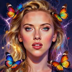 colorful butterflies, build a portrait of scarlett johansson, intricate, vibrant colors, glowing light, ambient lightning, digital painting, highly detailed, focus on eyes, ray tracing, artstation, concept art, smooth, sharp focus, illustration, art by artgerm and greg rutkowski and alphonse mucha, 8 k