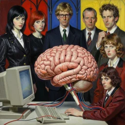 realistic detailed image of a human brain connected with wires and cords to a 9 0 s computer, ayami kojima, karol bak, greg hildebrandt, mark brooks, neo - gothic, rich split - complementary colors. beksinski painting, adrian ghenie, gerhard richter, takato yamamoto. realistic detailed image