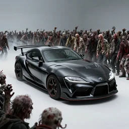 Black Toyota Supra driving through hordes of zombies, 8k UHD, studio photography, high quality, high detail, stunning lighting