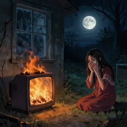 a television is on fire. a girl is crying. there is a full moon through the window. folk horror