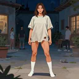 digital illustration of muscular girl wearing high socks, with shoulder length brown hair wearing a tattered oversized tshirt, courtyard at night, by ilya kuvshinov, lois van baarle, rossdraws, basquiat