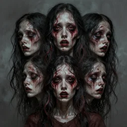 hyperreakistic cinematic artnouveau style horrific creepy deformed portraits of layers of fear