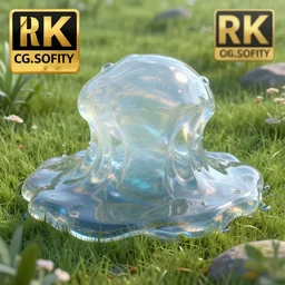 photorealism, high details, cgsociety, volumetric lighting, masterpiece, octane render, render of one huge fantasy transparent translucent water - slime in the meadow. fantasy, 8 k, translucent raytracing, artstation contest winner