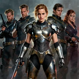 female bodybuilder emma watson wearing metal gear armor holding gun dramatic lighting art by brandon anschutz by yoji shinkawa by richard schmid by greg rutkowski by sandra chevrier by jeremy lipking cinematic dramatic brush strokes background