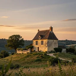 award winning photo of an ultra detailed high quality!! an old little house on the hill in the dordogne in france, beautiful sunset. summer. highly detailed, highly intricate, depth of field, beautiful landscape, wide angle lens
