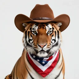 a portrait of a tiger with a cowboy hat on with an American flag scarf, D&D, sci-fi, elegant, hopeful, muscular, highly detailed, digital painting, artstation, concept art, smooth, sharp focus, illustration