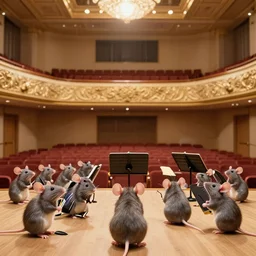 An orchestra of mice in an auditorium