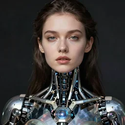 close - up portrait of beautiful young woman with cybernetic dress, art by moebius and edward weston