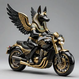 fine art statue of black egyptian god anubis on a surrealist motorbike, ebony art deco, carved black marble, inlaid with ebony and gold accents, ebony rococo, wings black lace wear, sculpted by spider zero, zaha hadid, trending on artstation, beautifully lit, hyper detailed, intricate, elite, ornate, elegant, luxury, dramatic lighting, photorealistic, octane render, micro details, 3 d sculpture, structure, ray trace # zaha hadid # golden ratio # key art
