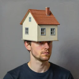 A detailed painting of a man with a head looking like a house