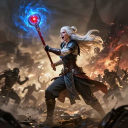dragon age character wynne, 5 0 years old woman ash white long hair tied bun, holding long staff red orb, casting blue magic, screaming, background full of war silhouettes, fighting darkspawn, full body, epic, d and d, cinematic, dynamic lighting, concept art, rich color, bioware, by greg rutkowski
