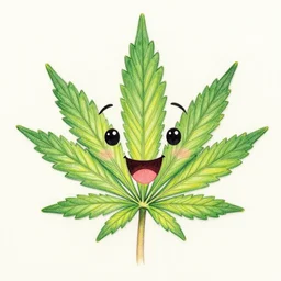 cannabis leaf cartoon with a smiling face, colored pencil illustration