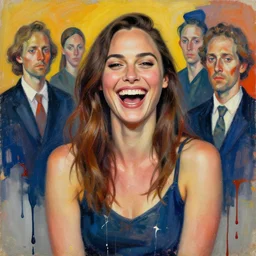 portrait of gal gadot laughing, by vincent lefevre and hernan bas and pat steir and hilma af klint, psychological, photorealistic, dripping paint, washy brush, rendered in octane, altermodern, masterpiece