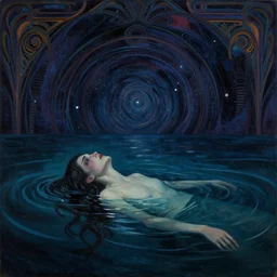 despair, drowning, loneliness. collapsing into spiral oblivion, the weeping visage of a longing dreamer in desolation. cosmic void, abyssal ocean depths, art nouveau art deco, vibrant darkness, by jackson pollock and edvard munch and rebecca guay and carl critchlow. moody, murky. glimmering hopes last gasp in the endless waters. gouache painting.