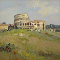 a very detailed painting of a hill, ancient rome stands behind it in the distance, thick brush strokes, visible layers of paint.