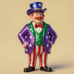 incredibly spangly snake oil salesman wearing a purple and green stars and stripes suit, patriotic, painting by Grant Wood, 3D rendering by Beeple