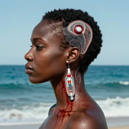 portrait of a black woman :: side profile :: blood :: background sea :: intricate details :: oxygen implant :: 8k :: simon stalenhag and Sandra Chevrier