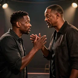 chris rock is fighting and arguing with will smith, shadow harsh lights, dramatic scene, hyper detailed, cinematic lighting, studio quality, smooth render, unreal engine 5 rendered, octane rendered, ligh rim