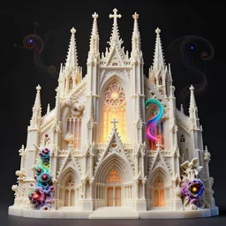 a hyperrealistic 3 d painting of a delicate ivory sculpture of an ornate detailed cathedral populated by mandelbrot fractals by android jones, micro detail, unreal engine, volumetric lighting, dramatic lighting, psychedelic, octane renderer, catholicpunk, glowing, white color scheme, photorealistic, physically based rendering, angelic, colorful, carved soap, trending on cgsociety