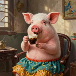 portrait painting of a pig wearing a skirt drinks coffee in a shabby chinese room by wenjun lin, irakli nadar, bright colors, octopath traveler, wenjun lin, unreal engine 5 highly rendered, global illumination, 9 radiant light, detailed and intricate environment